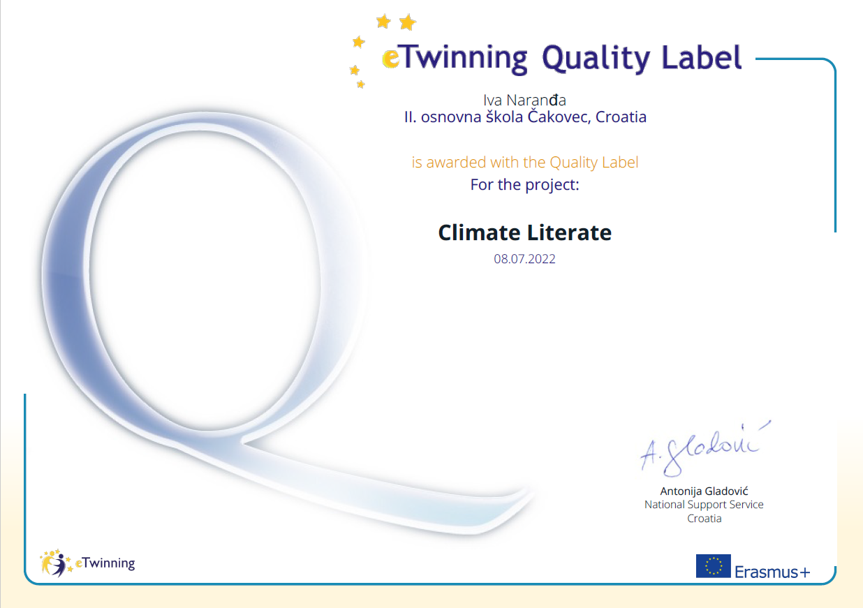 eTwinning Oznaka kvalitete - Quality Label - Climate Literate